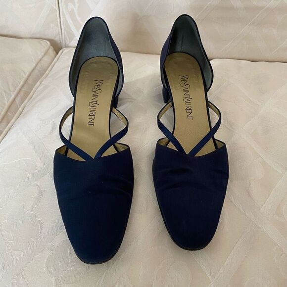 YSL Yves Saint Laurent 90s Blue Satin Block Heels - Picture 13 of 16